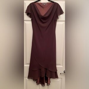 Bicé Brown High Low Layered Ruffle Dress with Draped Neckline and Sheer Overlay